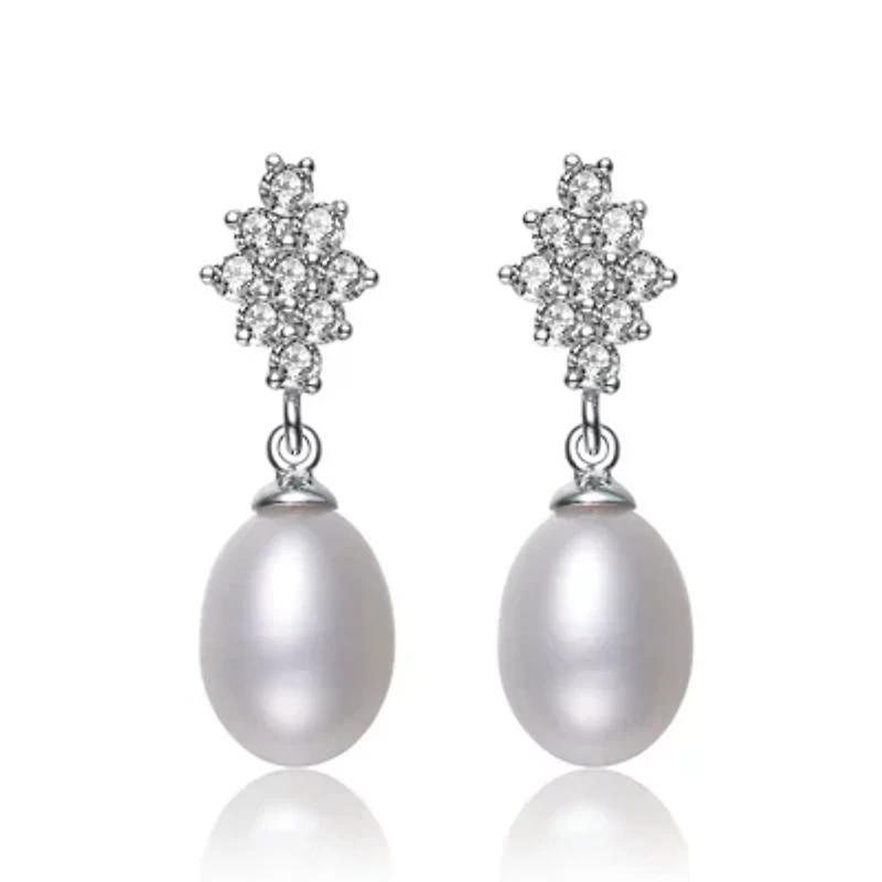 Lab Created Sterling Silver White Gold Plated with Freshwater Pearl Dangle Earrings