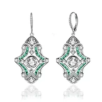 Lab Created Sterling Silver White Gold Plated with Emerald Green Cubic Zirconia Art Deco Lever Back Earrings