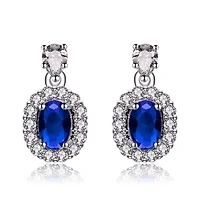 Lab Created Sterling Silver White Gold Plated with Sapphire Blue Cubic Zirconias Accent Earrings