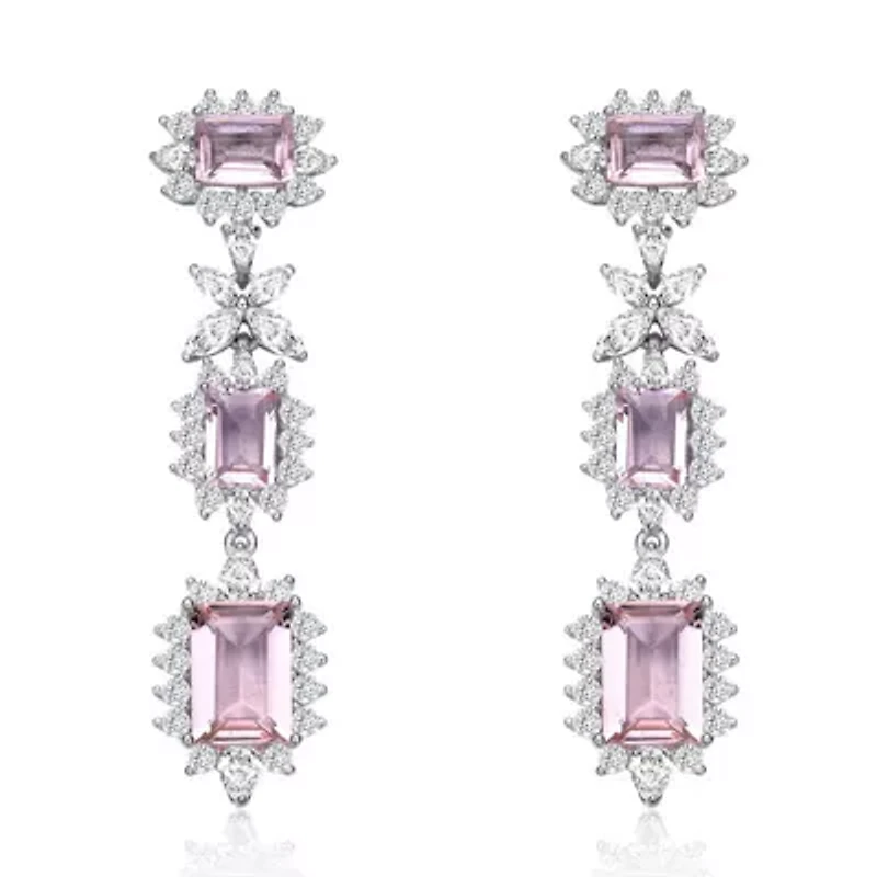 Lab Created Sterling Silver White Gold Plated with Morganite Cubic Zirconia Halo Three-Stone Earrings