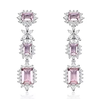 Lab Created Sterling Silver White Gold Plated with Morganite Cubic Zirconia Halo Three-Stone Earrings