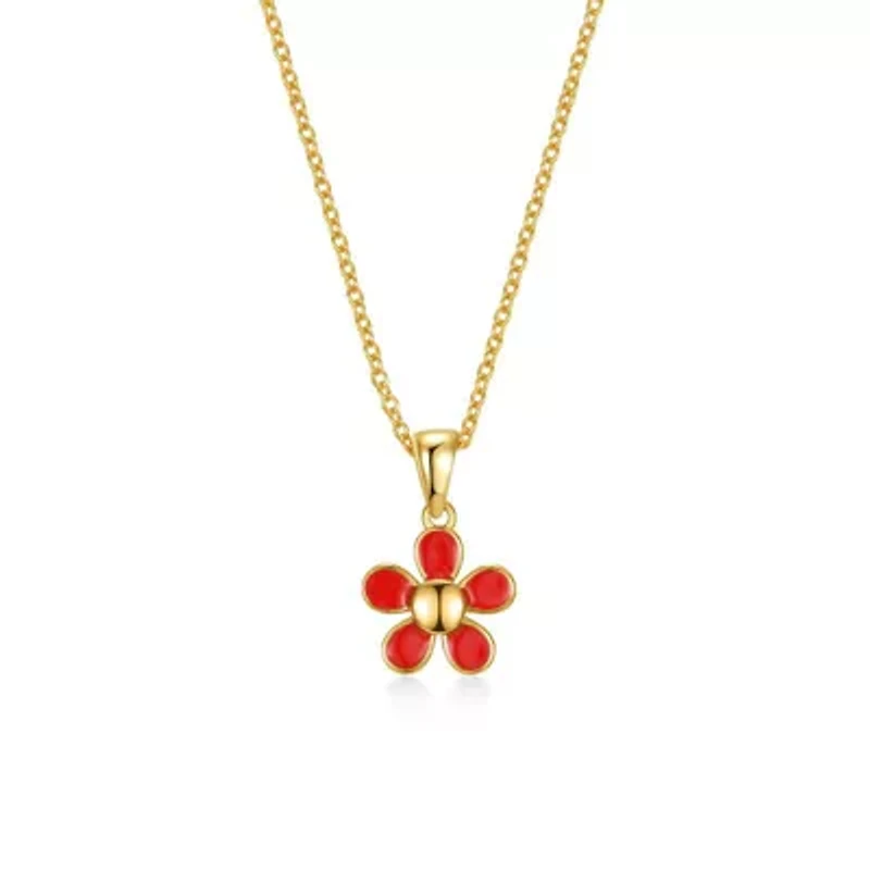 Lab Created 14K Gold Plated with Red Enamel Blooming Flower Layering Necklace for Toddler/Kids