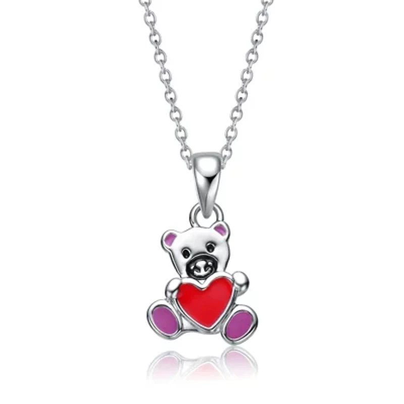 Lab Created White Gold Plated with Red Enameled Heart Teddy Bear Pendant Charm for Kids