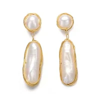 Lab Created Sterling Silver with 14K Gold Plated and 2 Genuine Freshwater Pearl Dangling Earrings