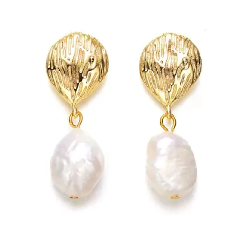 Lab Created Sterling Silver 14K Gold Plated with White Freshwater White Pearl Coral Reef Dangle Earrings