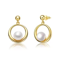 Lab Created Sterling Silver 14K Gold Plated with White Freshwater Pearl Eternity Circle Halo Dangle Earrings