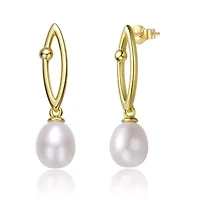 Lab Created Sterling Silver 14K Gold Plated with White Freshwater Pearl & Cubic Zirconia Oblong Drop Earrings