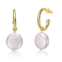Lab Created Sterling Silver 14K Gold Plated with White Coin Freshwater Pearl Drop C-Hoop Earrings