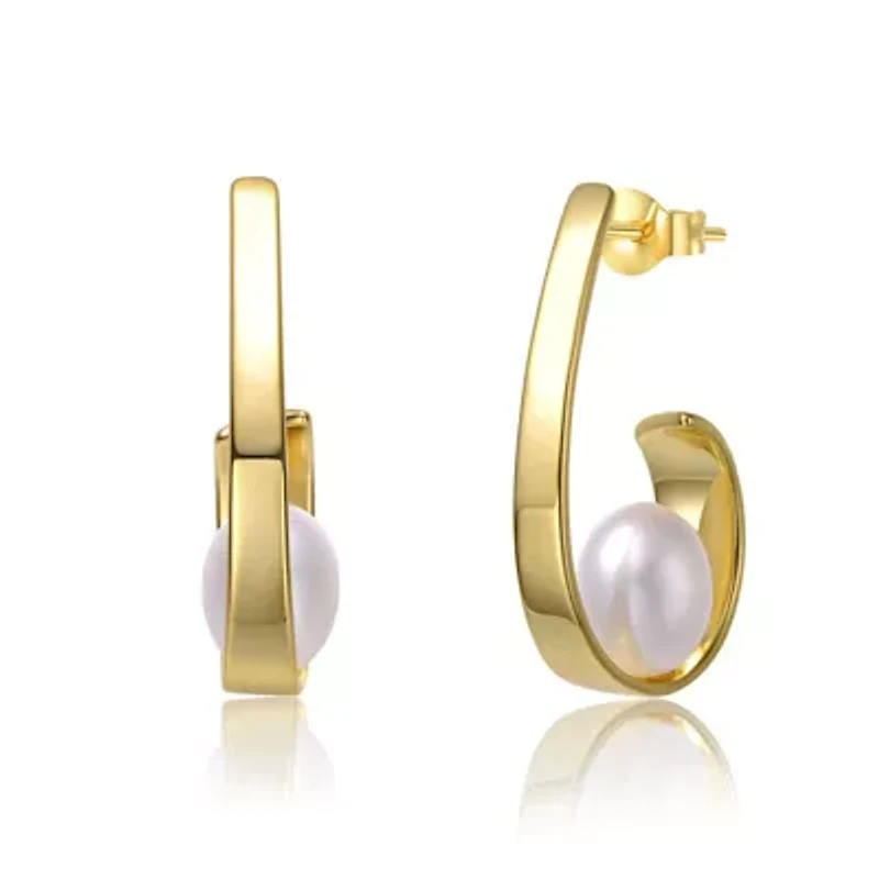 Lab Created Sterling Silver 14K Gold-Plated with White Freshwater Pearl Drops Ribbon Half-Hoop Earrings