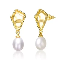Lab Created Sterling Silver 14K Gold Plated with White Freshwater Pearl Nugget Dangle Earrings
