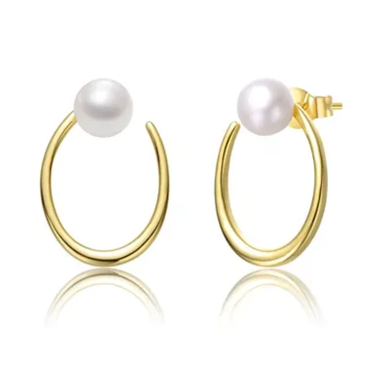 Lab Created Sterling Silver 14K Gold Plated with White Freshwater Pearl Oblong Oval Halo Hoop Earrings