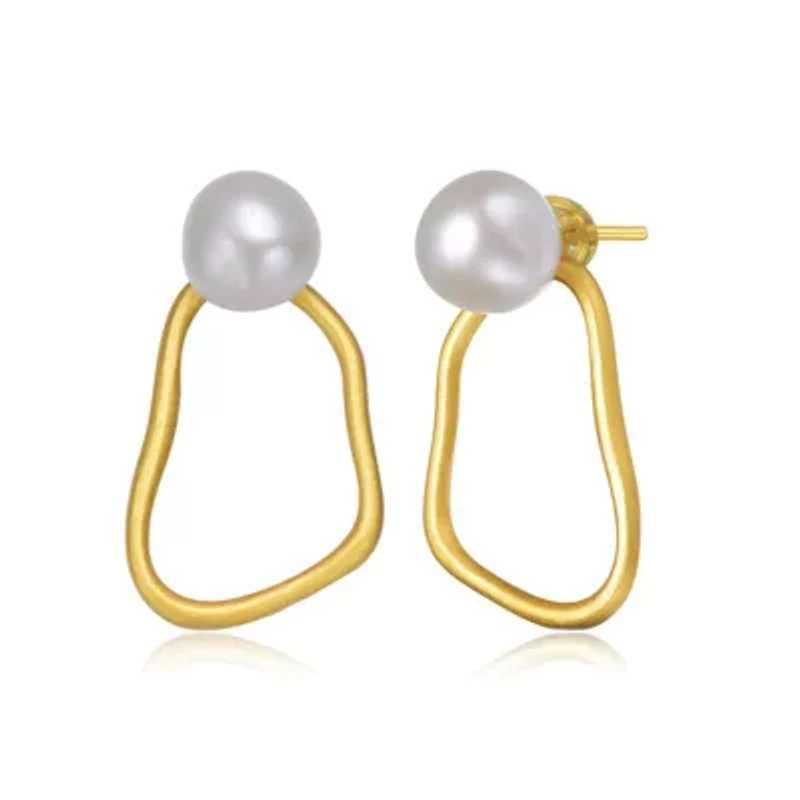 Lab Created Sterling Silver 14K Gold Plated with White Genuine Freshwater Pearl Drop Round Earrings