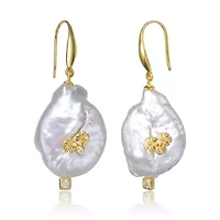 Lab Created Sterling Silver 14K Gold Plated with White Genuine Freshwater Pearl Hook Earrings