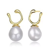 Lab Created Sterling Silver 14K Gold Plated with White Genuine Freshwater Pearl Hook Earrings