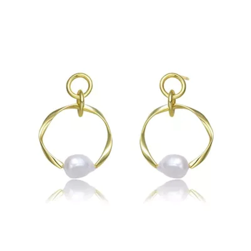 Lab Created Sterling Silver 14K Gold Plating with White Genuine Freshwater Pearl Round Dangling Earrings
