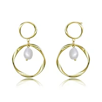 Lab Created Sterling Silver 14K Gold Plated with White Genuine Freshwater Pearl Dangling Earrings