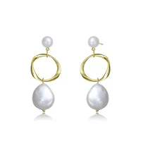 Lab Created Sterling Silver 14K Gold Plating with White Genuine Freshwater Pearl Hoop Drop Earrings