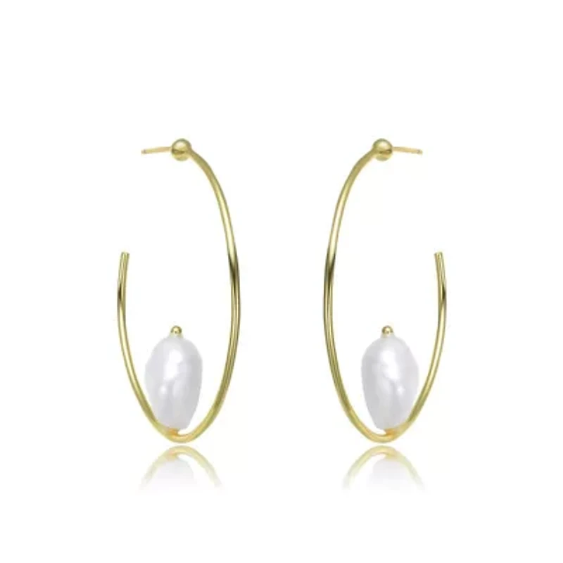 Lab Created Sterling Silver 14K Gold Plating with White Genuine Freshwater Pearl Hoop Earrings