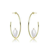 Lab Created Sterling Silver 14K Gold Plating with White Genuine Freshwater Pearl Hoop Earrings