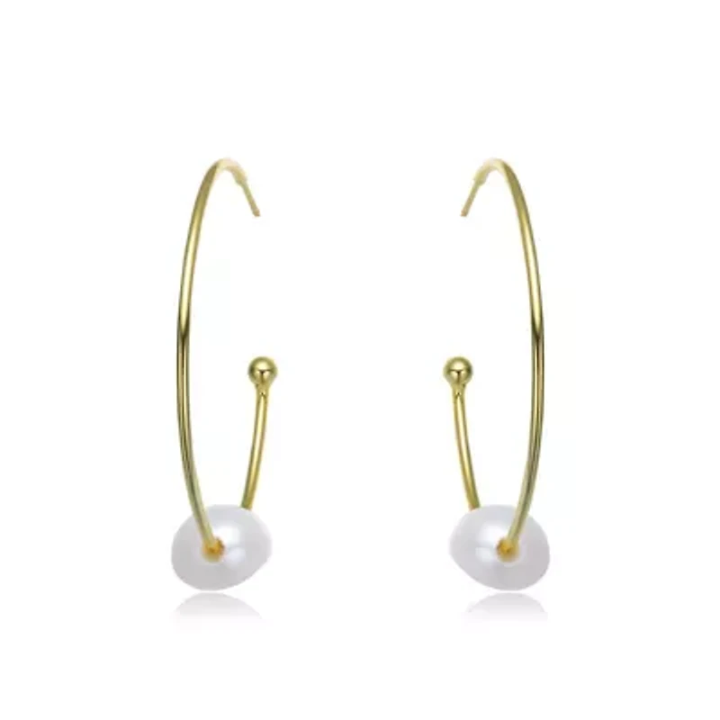 Lab Created Sterling Silver 14K Gold Plating with White Genuine Freshwater Pearl Round Open Hoop Earrings