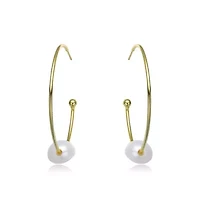 Lab Created Sterling Silver 14K Gold Plating with White Genuine Freshwater Pearl Round Open Hoop Earrings