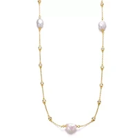 Lab Created Sterling Silver 14K Gold Plated with White Freshwater Pearl Bead Station Necklace