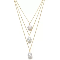 Lab Created Sterling Silver 14K Gold Plated with White Freshwater Pearl Layered Necklace
