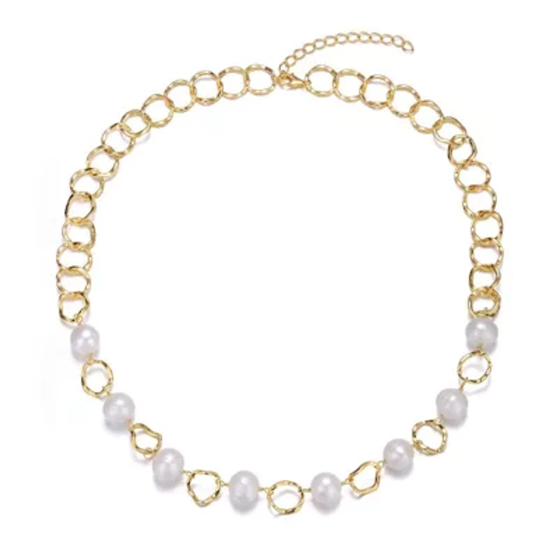 Lab Created Sterling Silver 14K Gold Plated with White Genuine Freshwater Pearl & Cubic Zirconia Oval Link Necklace