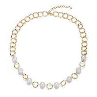 Lab Created Sterling Silver 14K Gold Plated with White Genuine Freshwater Pearl & Cubic Zirconia Oval Link Necklace