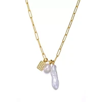Lab Created Sterling Silver 14K Gold Plated with White Genuine Freshwater Pearl & Cubic Zirconia Lobster Claw Link Necklace