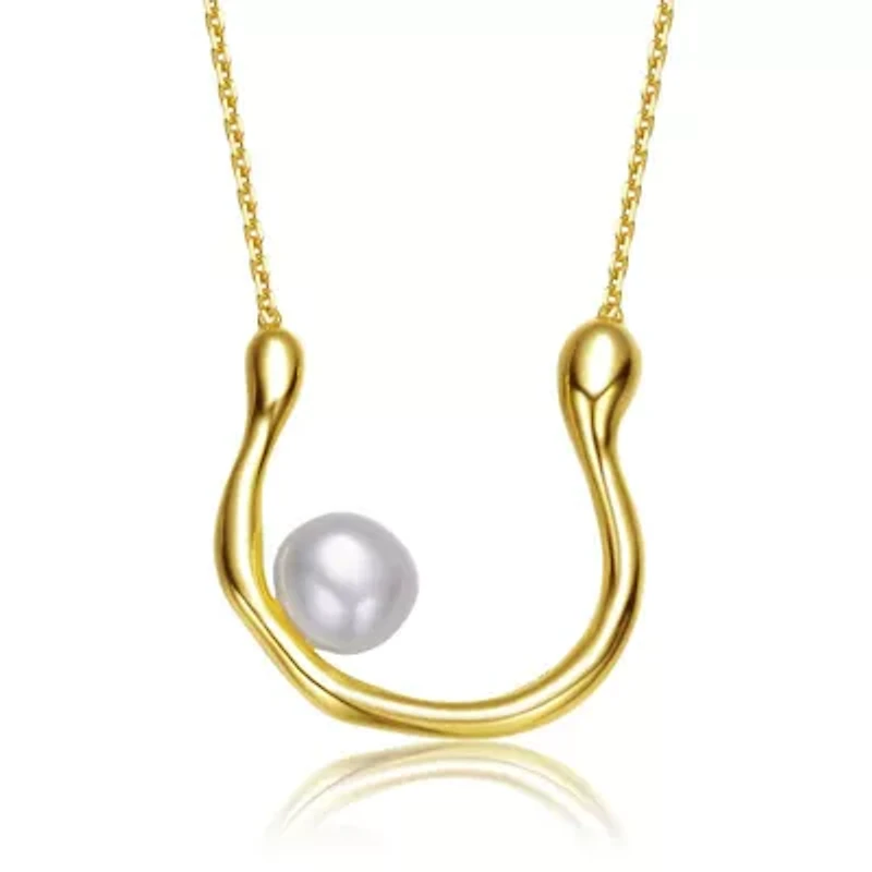Lab Created 14K Gold Plated with White Genuine Freshwater Pearl “U” Necklace