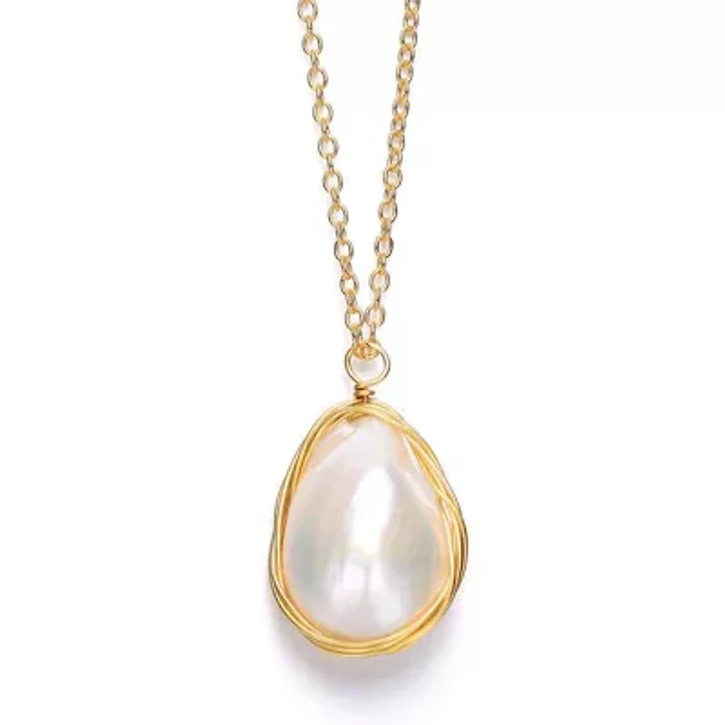 Lab Created Rozzato Sterling Silver 14K Gold Plated with Genuine Freshwater Pearl Pendant Necklace
