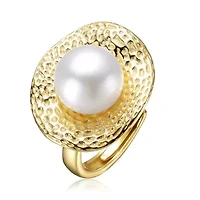 Lab Created Rozzato Sterling Silver 14K Gold Plated with Genuine Freshwater Pearl Hammered Ring