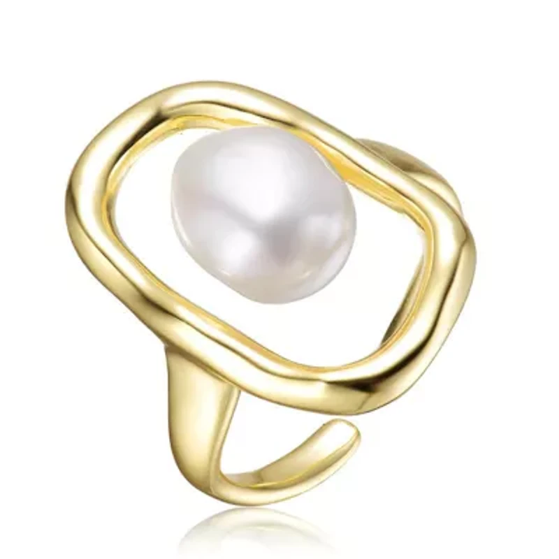 Lab Created Rozzato Sterling Silver 14K Gold Plated with White Irregular Freshwater Pearl Statement Ring