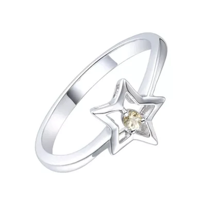 Lab Created Rozzato Sterling Silver White Gold Plated with Yellow Tourmaline Gemstone Star Ring for Kids