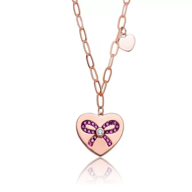 Lab Created 18K Rose Gold Plated with Clear Tie Ribbon on Heart-Shaped Pendant Necklace for Kids/Teens