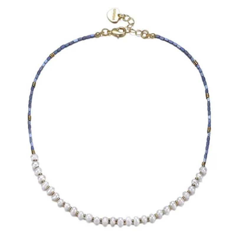 Lab Created 14K Gold Plated with Light Blue Mineral Beads & Freshwater Pearls Bracelet for Kids/Teens
