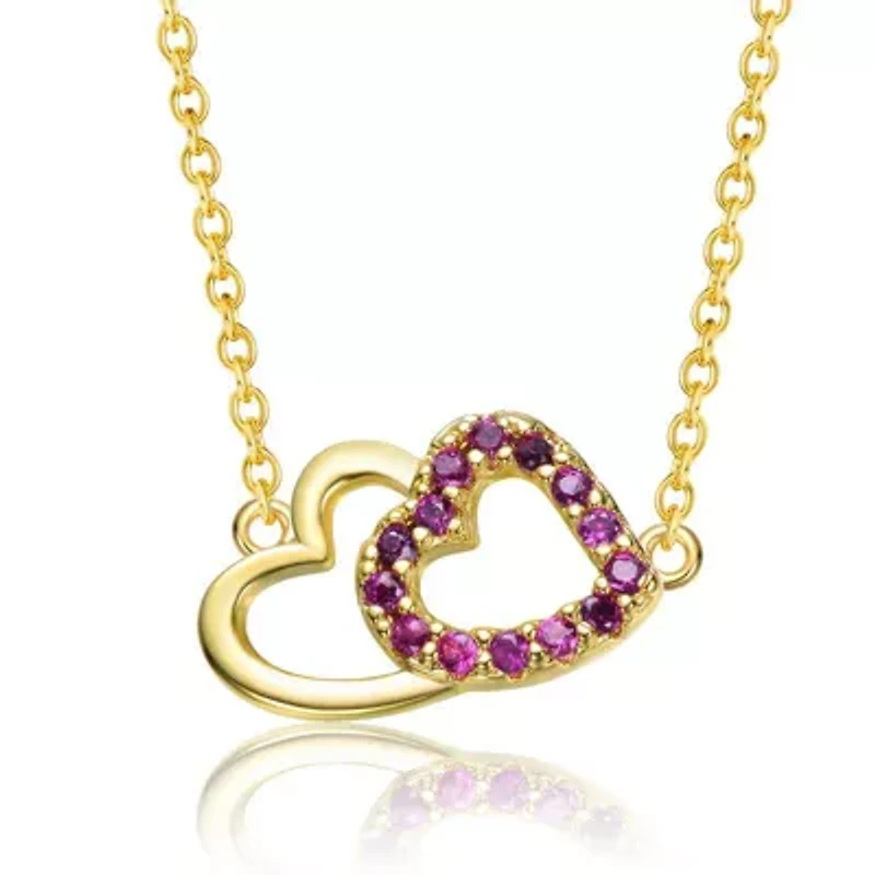 Lab Created 14K Gold Plated with Ruby Red Cubic Zirconia Double Heart Entwined Necklace