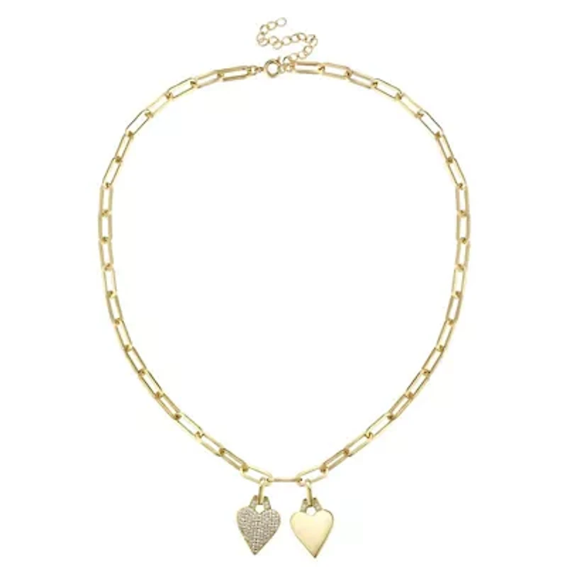 Lab Created 14K Gold Plated with Clear Cubic Zirconia Double Heart Pendant Cable Chain Adjustable Necklace