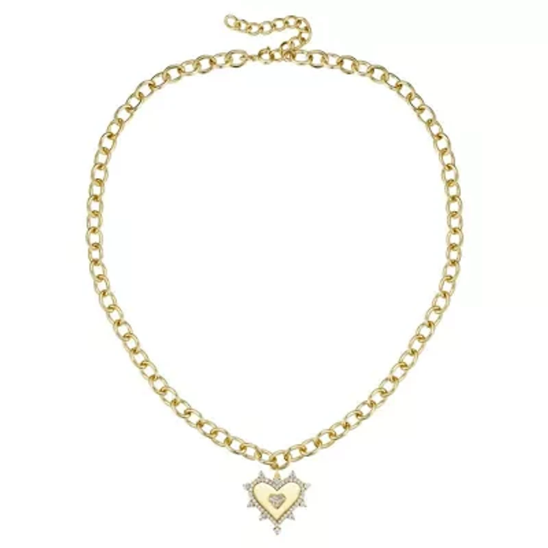 Lab Created 14K Gold Plated with Clear Cubic Zirconia Sunshine Heart Pendant Curb Chain Adjustable Necklace