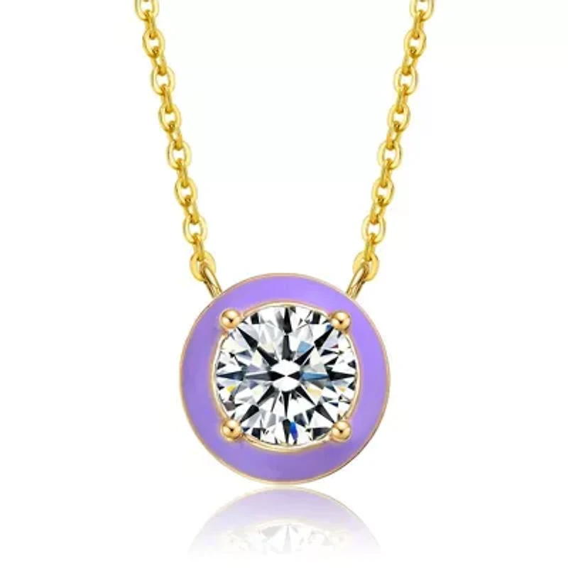 Lab Created 14K Gold with Clear Cubic Zirconia Solitaire Purple Enamel Petite Halo Pendant for Teens
