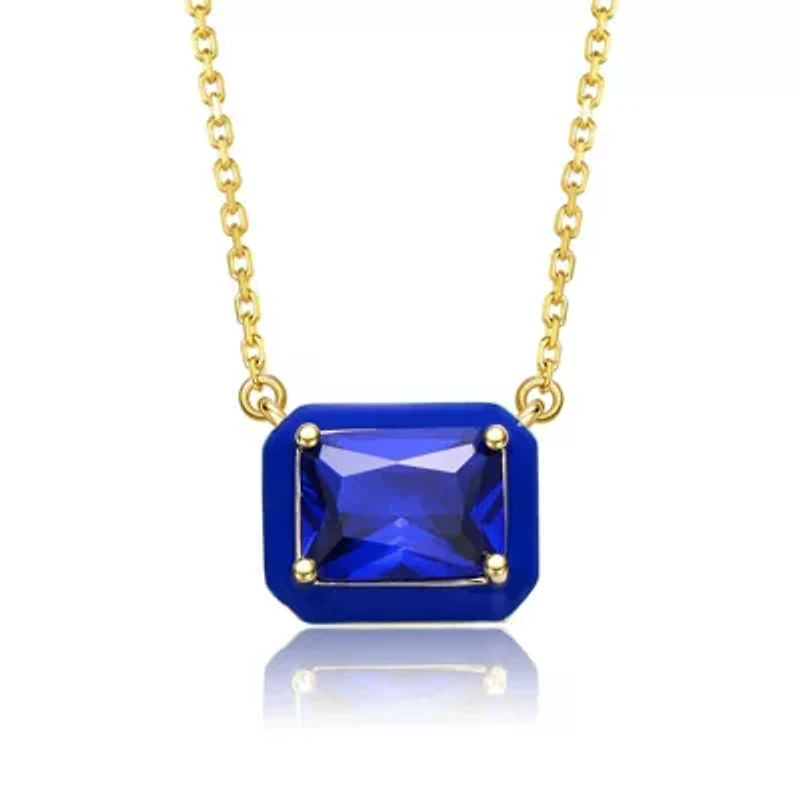 Lab Created 14K Gold Plated with Radiant Cut Blue Cubic Zirconia Solitaire Enamel Halo Petite Pendant Necklace