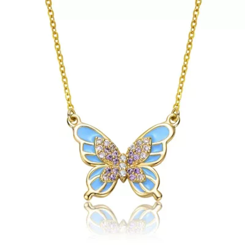 Lab Created 14K Gold Plated with Amethyst Cubic Zirconia & Blue Topaz Enamel Butterfly Pendant Necklace for Kids