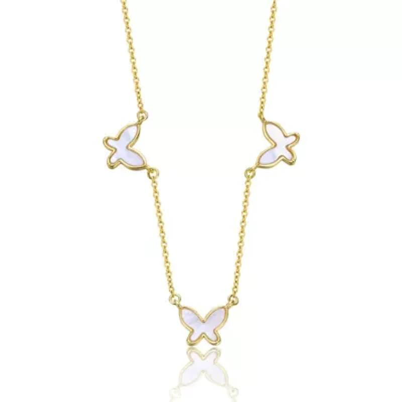 Lab Created 14K Gold Plated with White Mother of Pearl Triple Charm Butterfly Necklace for Kids/Teens