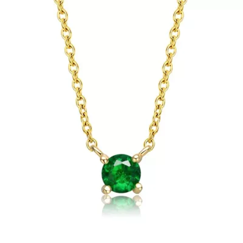Lab Created 14K Gold Plated with Emerald Green Cubic Zirconia Solitaire Necklace for Kids/Teens