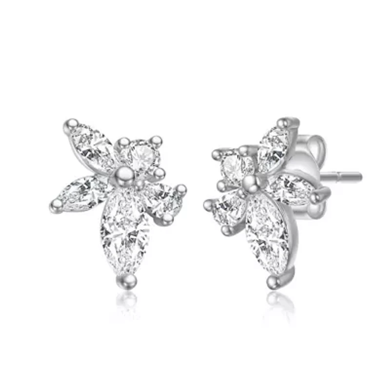 Sterling Silver White Gold Plated with Lab Created Moissanite Leaf Cluster Stud Earrings