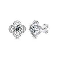 Sterling Silver White Gold Plated with 0.50ctw Lab Created Moissanite Four-Leaf Halo Cluster Stud Earrings