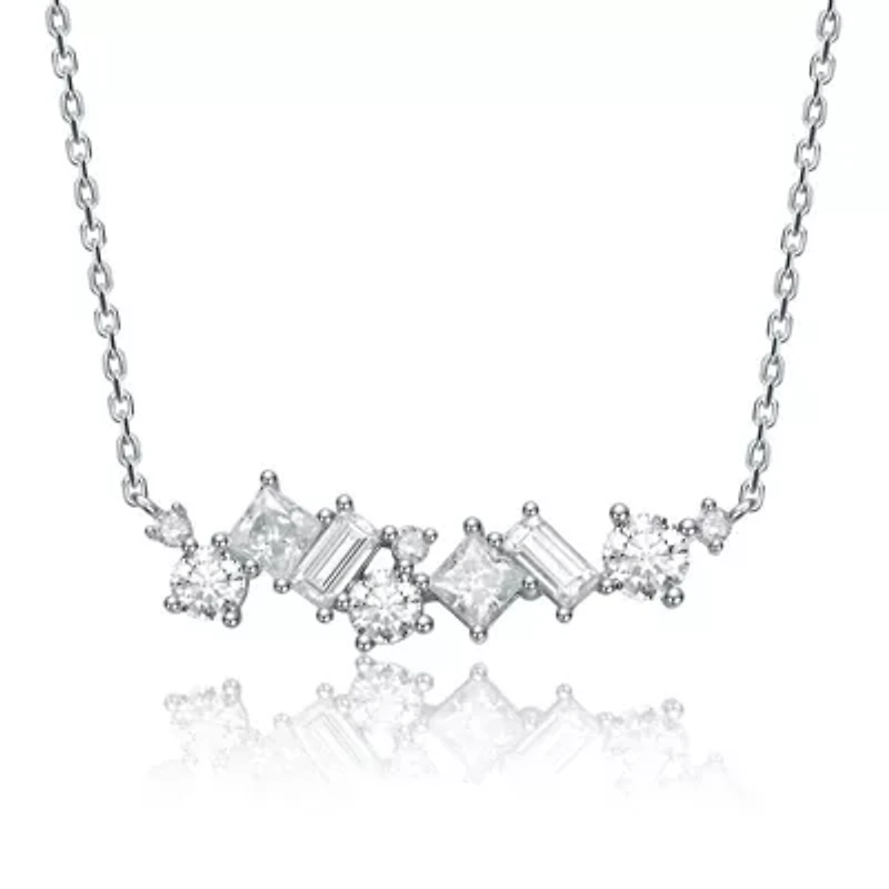 Sterling Silver White Gold Plated with Lab Created Moissanite Cluster Cascade Necklace