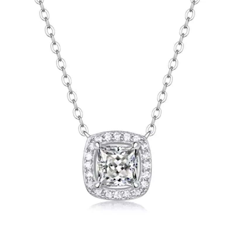 Lab Created Sterling Silver White Gold Plated with 1ct Princess Lab-Grown Moissanite Cushion Halo Necklace