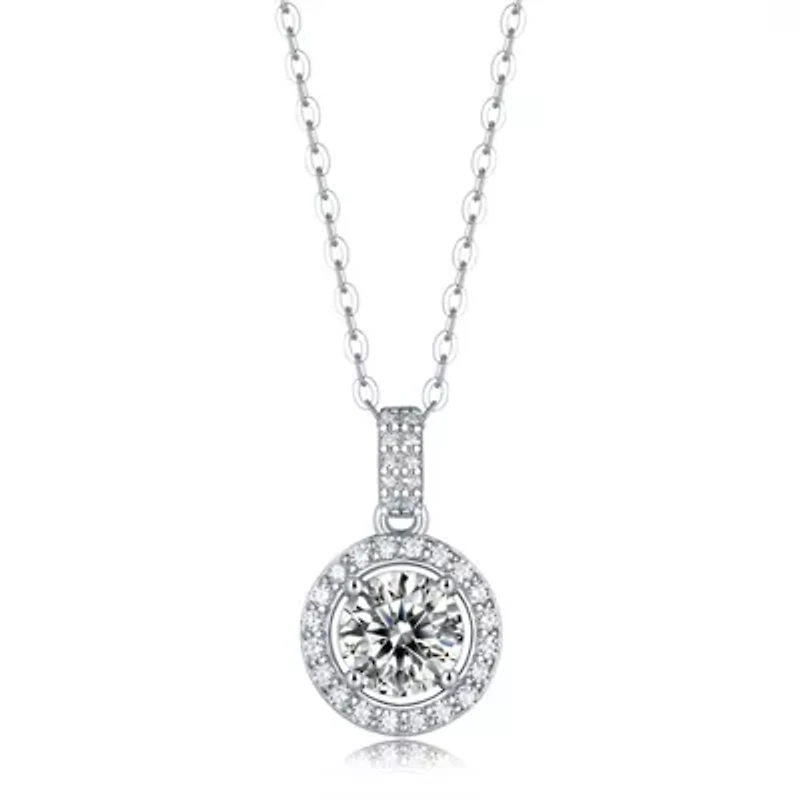 Sterling Silver White Gold Plated with 1ctw Lab Created Moissanite Halo Drop Pendant Necklace